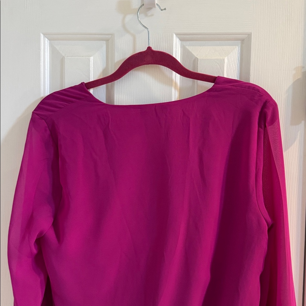 NWT 1.  STATE Magenta V-Neck Top w/ Sheer Long Puffed Sleeves & Ruched Waist - Picture 7 of 9